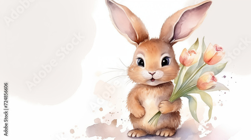 Watercolor Cute Bunny Holding Tulips. Mockup for postcard.