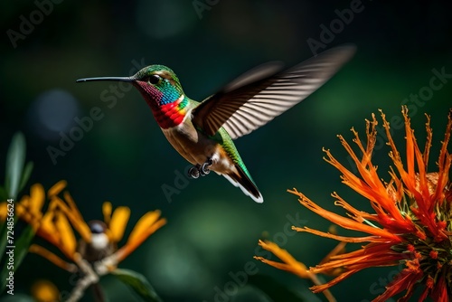 The complex features of a hummingbird in mid-flight, frozen in time with vivid feathers on display.