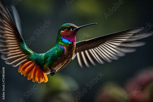 The complex intricacies of a hummingbird in mid-flight, frozen in time with colorful feathers on display.