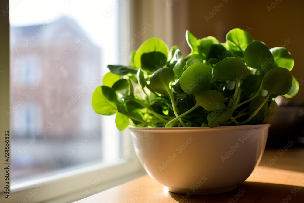 ceramic pot with microgreen on table near window, sunlight ceramic pot with microgreen on table near window, sunlight