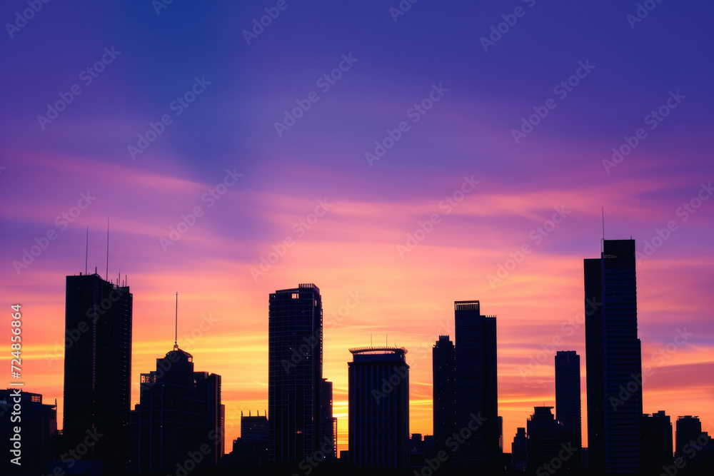 Dawn unfold over a city skyline silhouette, with towering skyscrapers in a scenic urban landscape, creating a panoramic cityscape that captures the essence of modern architecture.
