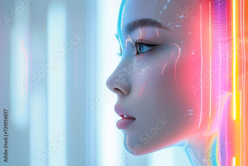 Consciousness and Artificial Intelligence Idea. Woman's Profile in a Colorful Data Stream and Code. Streaming Idea. 