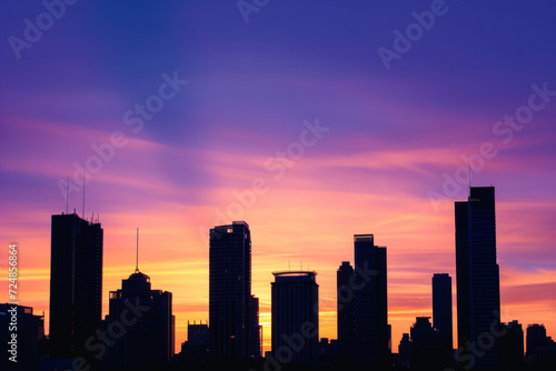 Dawn unfold over a city skyline silhouette, with towering skyscrapers in a scenic urban landscape, creating a panoramic cityscape that captures the essence of modern architecture.