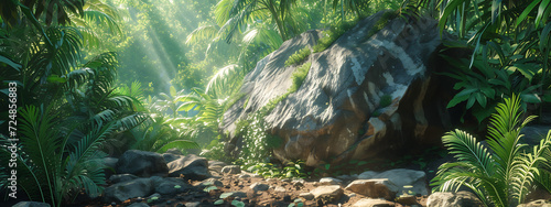 a boulder with jungle background in