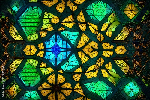 A digital mosaic of interconnecting polygons creates a complex and visually intriguing background reminiscent of a futuristic stained glass window.
