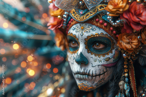 Woman With Skull Makeup and Flowers in Her Hair. An angel figurine dressed in a dead skeleton