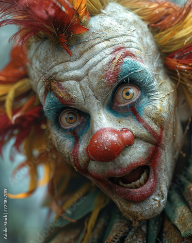 Close-up of Clowns Face With Feather Accents. Close-Up of Red-Nosed Clowns Face With Colorful Makeup and Wide Grinning Smile