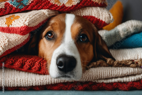 Obraz na płótnie Funny dog sticks out its muzzle among woolen knitted clothes. w salonie