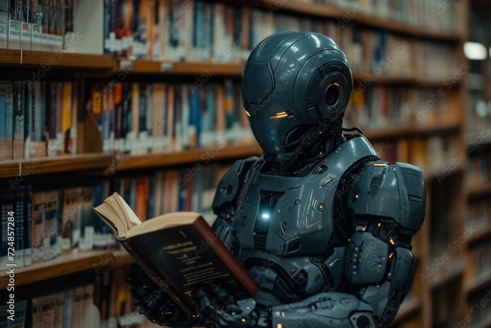 Robot Reading Book in Library. A robot sits at a library table, engrossed in reading a book. Robot Reading Book in Library. A robot sits at a library table, engrossed in reading a book.