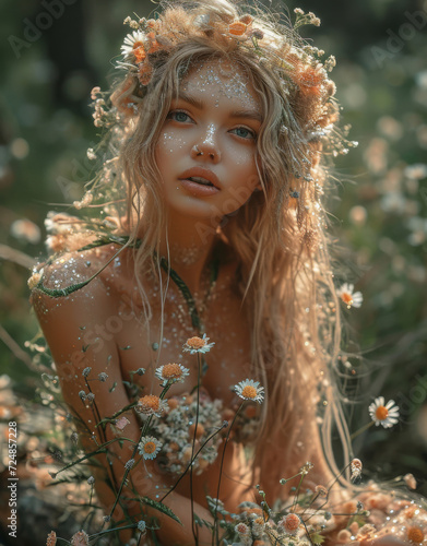 Naked Woman With Flowers in Her Hair in a Sunlit Garden. A photo capturing a naked woman with flowers adorning her hair photo