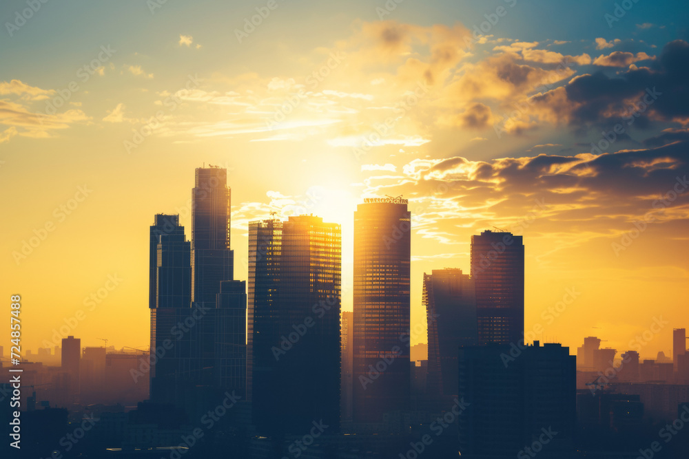 awn unfold over a city skyline silhouette, with towering skyscrapers in a scenic urban landscape, creating a panoramic cityscape that captures of modern architecture and professional growth.