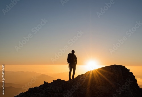 A lone explorer’s silhouette on a mountain peak, capturing the spirit of adventure