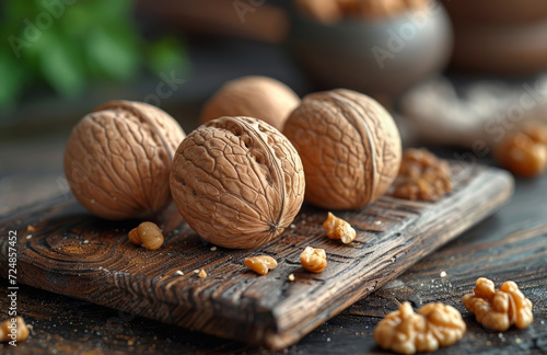 A close-up view of freshly harvested walnuts arranged neatly on a wooden cutting board.