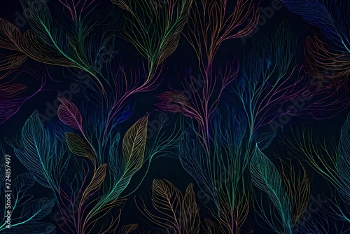 A fluid blend of organic shapes, resembling a digital forest of bioluminescent plants, creating a serene and enchanting patterned background © MB Khan