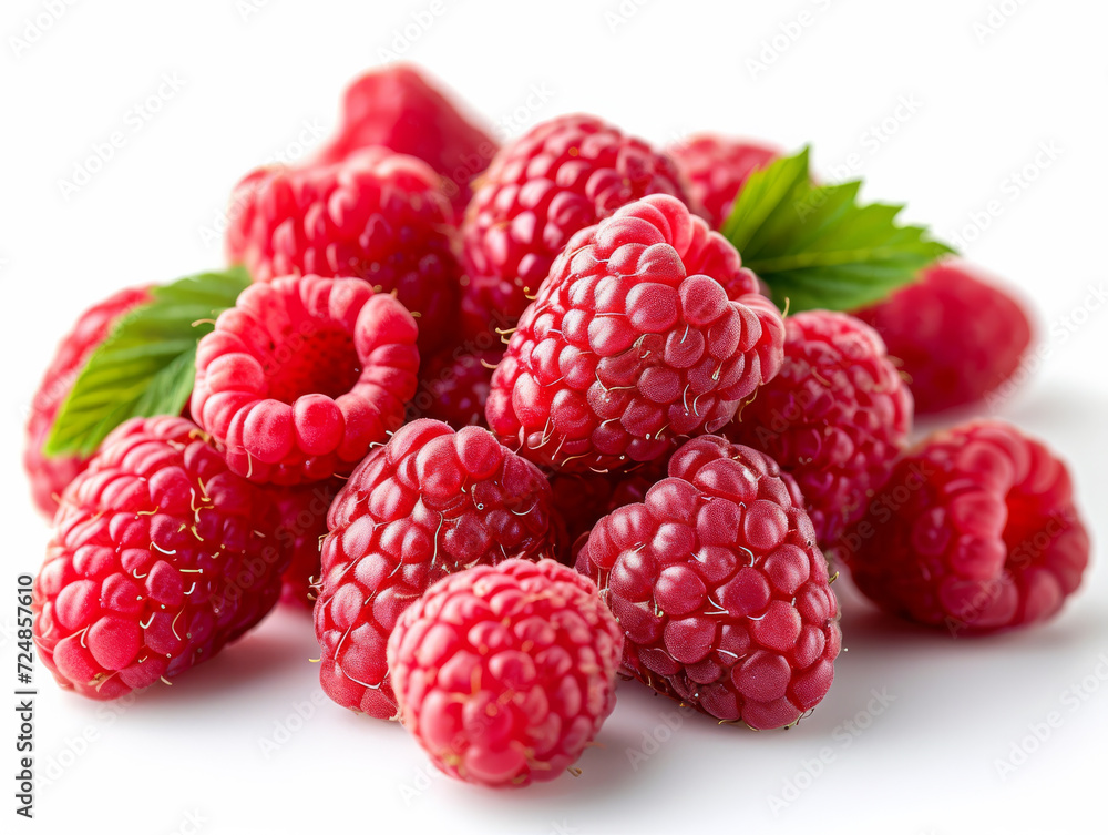 Pile of Raspberries With Leaves on White Background. A pile of juicy raspberries with green leaves arranged on a clean white background. Pile of Raspberries With Leaves on White Background. A pile of juicy raspberries with green leaves arranged on a clean white background.