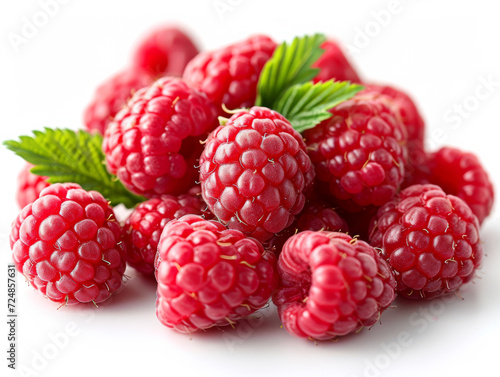 A Pile of Raspberries With Green Leaves. A vibrant pile of red raspberries heaped together, surrounded by fresh green leaves. photo