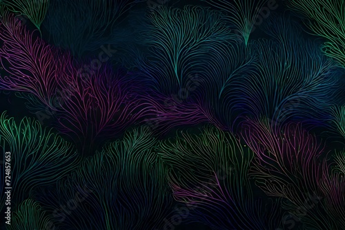 A serene and captivating patterned background is created by a flowing blend of organic shapes that resemble a digital forest of bioluminescent plants. 