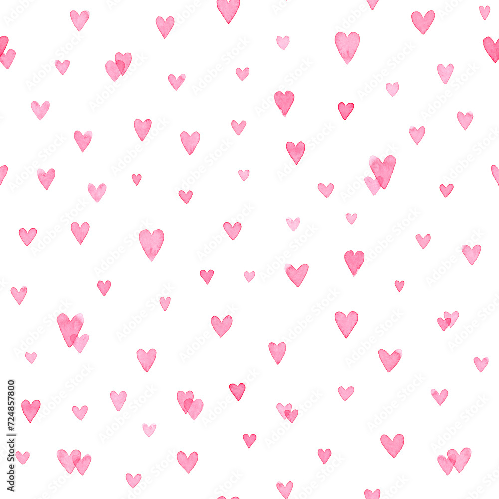 Pink watercolor hearts seamless pattern. Cute romantic print for Valentine's Day, wedding, Birthday. Handwork with paints on paper.