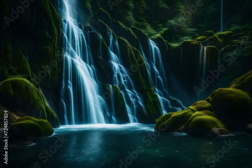 A cascade of digital waterfalls, where streams of light flow down in intricate patterns, creating a serene and mesmerizing visual experience