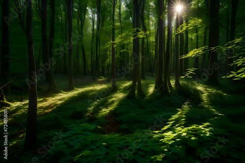 A deep woodland with sunlight seeping through the leaves and forming a beautiful pattern of shadows on the forest floor. 