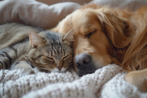 Ein Hund und eine Katze kuscheln zusammen