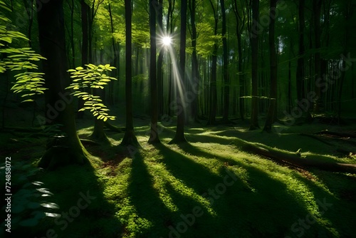 A deep woodland with sunlight flowing through the leaves, forming a beautiful shadow pattern on the forest floor. 