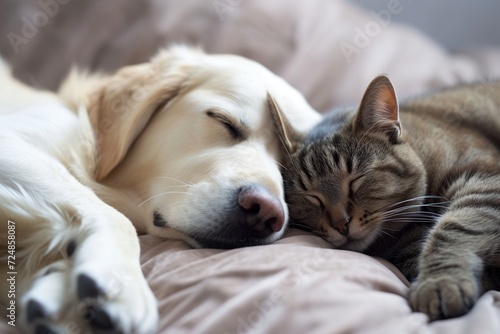 Hund und Katze kuscheln sich aneinander auf dem Sofa 
