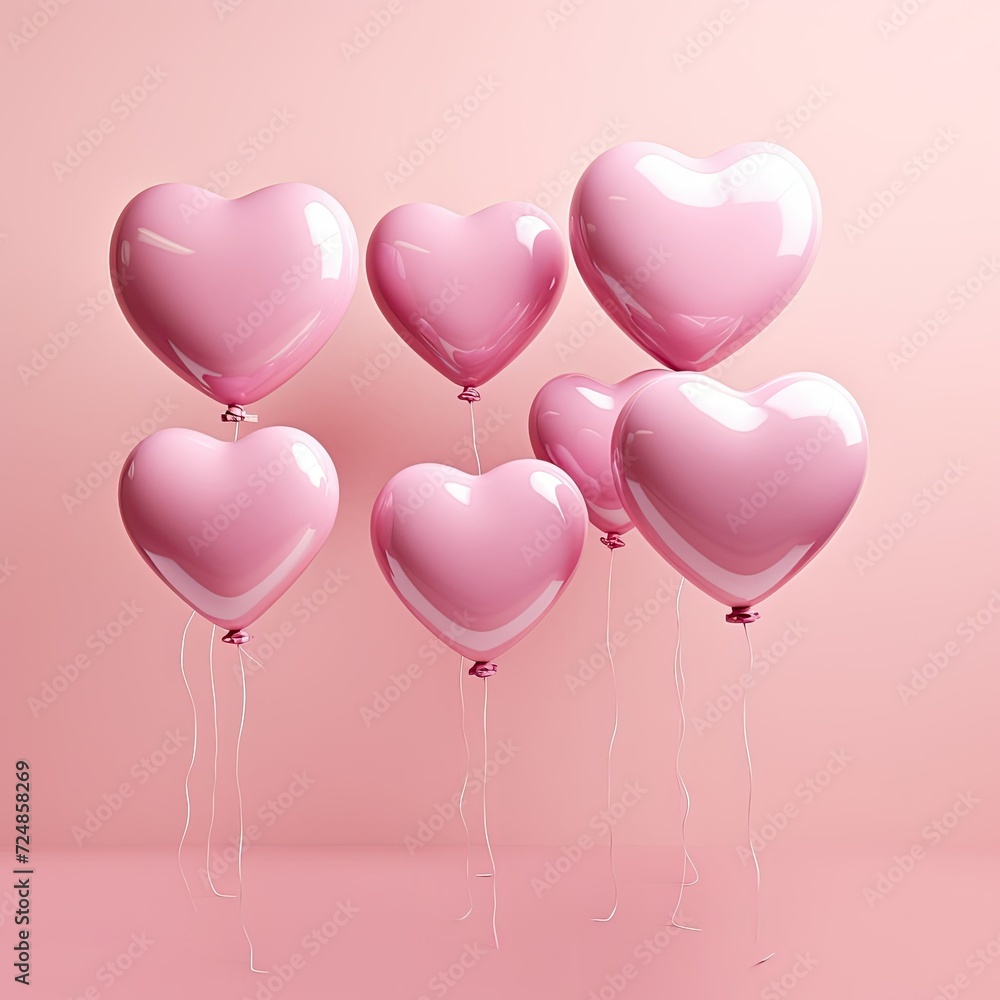 Pink balloons. Realistic 3d illustration. Heart shape ballons. Flying helium romantic decor.