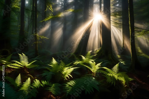 Sunbeams breaking through the mist in a lush forest  lighting a natural tapestry of ferns and leaves on the woodland floor.