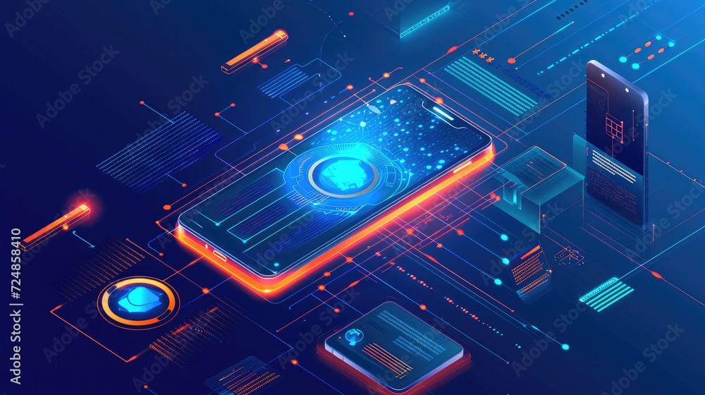 Obraz premium A futuristic infographic showing the evolution of phone cybersecurity, from basic PINs to advanced biometrics and AI-based threat detection