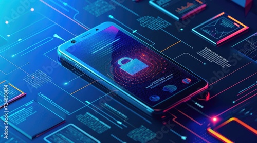 A futuristic infographic showing the evolution of phone cybersecurity, from basic PINs to advanced biometrics and AI-based threat detection © kittikunfoto