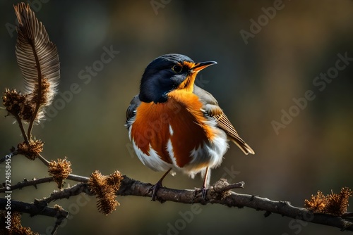 A curious robin caught in mid-hop, feathers blown by a mild breeze.