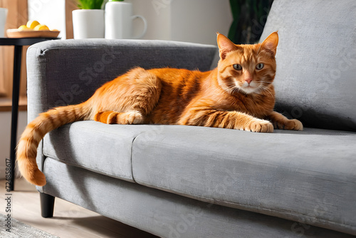 Obraz na płótnie Cute red cat lying on sofa in living room w salonie