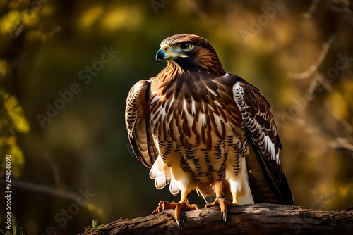 A red-tailed hawk's majestic appearance, with sunshine putting a warm glow on its intricate plumage 