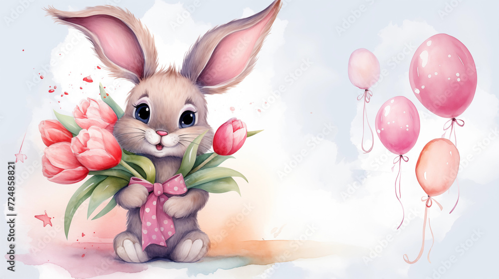 Cute watercolor Bunny with tulips and Pink Balloons. Cute watercolor Bunny with tulips and Pink Balloons.
