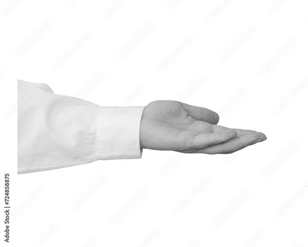 Black and white hand in a white shirt holds something isolated on transparent background - element for collage Black and white hand in a white shirt holds something isolated on transparent background - element for collage