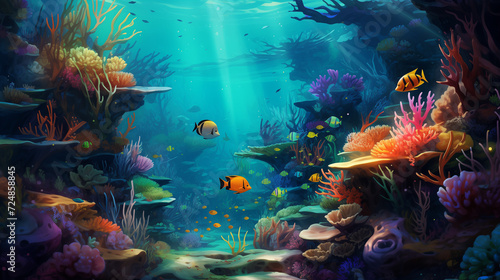 Underwater Scene With Coral Reef And Exotic Fishes, Ai generated image