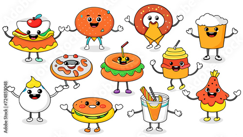 Cartoon Donut Retro Fast Food Characters Emoji Set. Whimsical  Nostalgic Reminiscent Of Classic Diner Aesthetics   on isolated white background