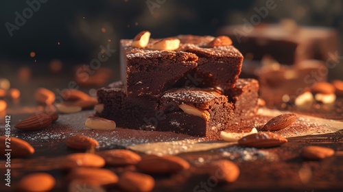 Chocolate brownies with almonds on wooden table, shallow depth of field