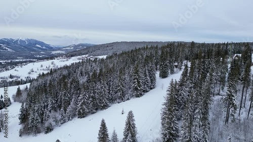 Panoramic drone view of the mountains in winter. The most popular mountain place in the Polish Tatra Mountains - Zakopane