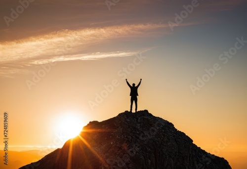 A man   s silhouette on the mountain peak  symbolizing achievement and success.