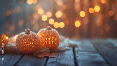 Handmade crocheted gourds on wooden table with a blurred autumnal background photo