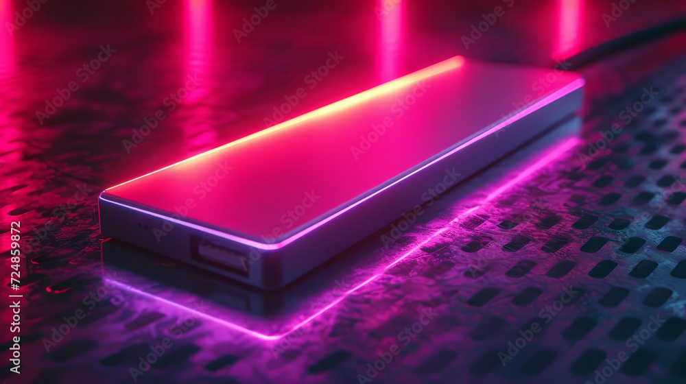 A futuristic USB port hub glowing with neon lights on a metallic surface with vivid colors A futuristic USB port hub glowing with neon lights on a metallic surface with vivid colors
