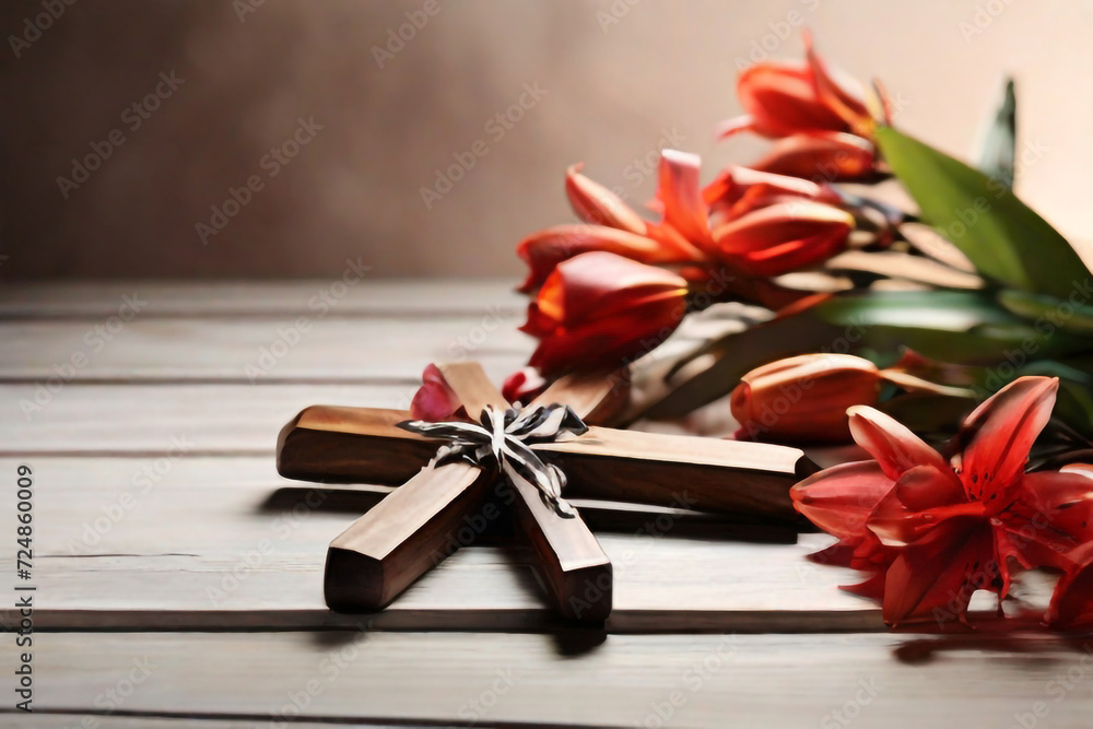 generative Ai, Wooden cross, crown of thorns and blossom lilies on table against light background generative Ai, Wooden cross, crown of thorns and blossom lilies on table against light background