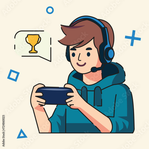 boy is playing mobile games on smartphone and wearing headset flat design vector illustration