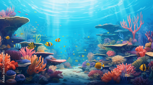 Underwater scene. Coral reef  fish groups in clear ocean water  Ai generated image