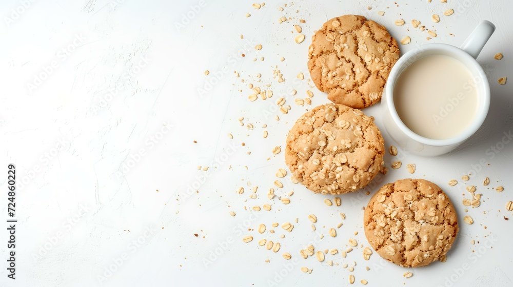 Cup of milk and oatmeal cookies on white table, top view Cup of milk and oatmeal cookies on white table, top view
