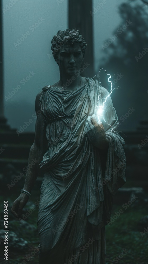 A classic statue of a Greek figure set against a dramatic sky with lightning