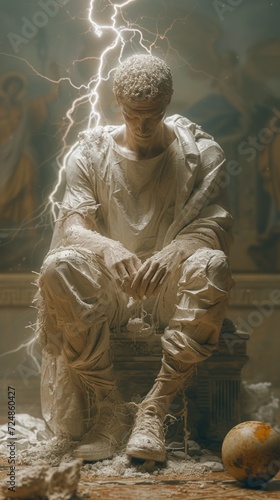 An ethereal marble statue of a figure surrounded by a tempest of lightning, evoking a divine or supernatural presence
