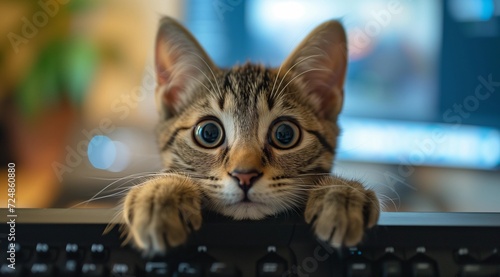 Curious Kitten Peeking Over Computer Keyboard